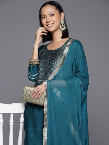 Varanga Womenwomenblue Embroidered Straight Kurta Paired With Tonal Bottom And Dupatta